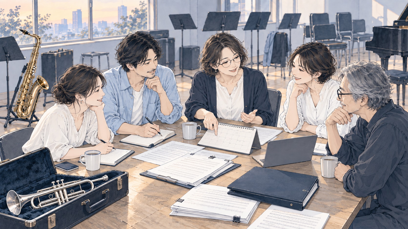 練習後、譜面と予定表を囲んで相談する音楽団体のメンバー