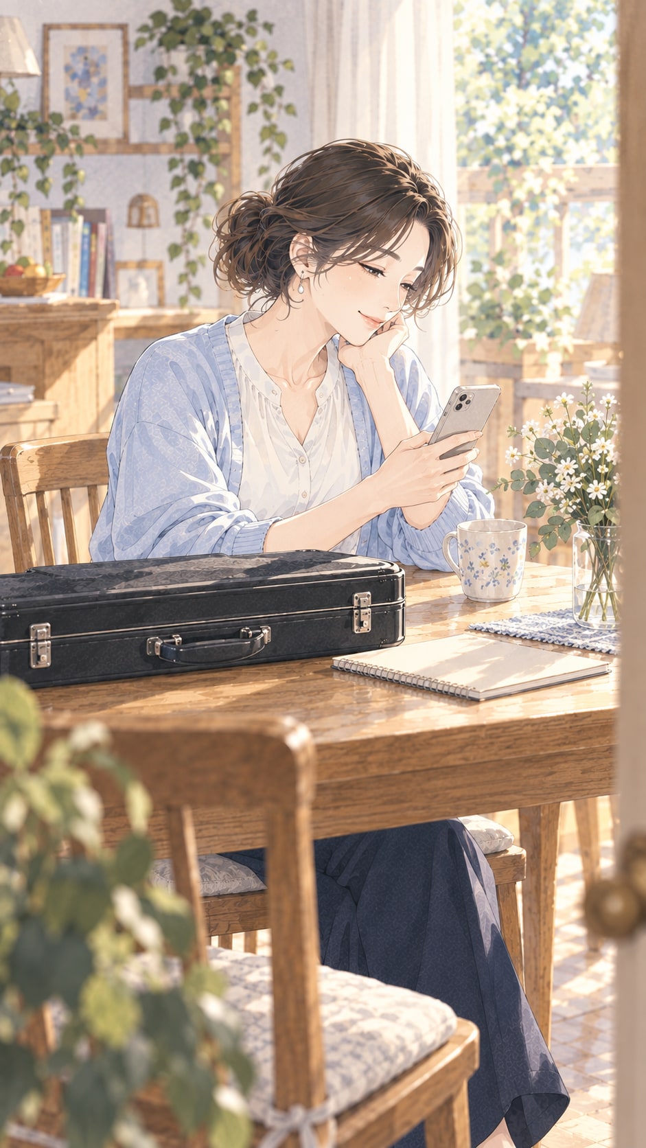 窓辺の机で、楽器ケースを横に置いた女性がスマートフォンで問い合わせを確認している様子