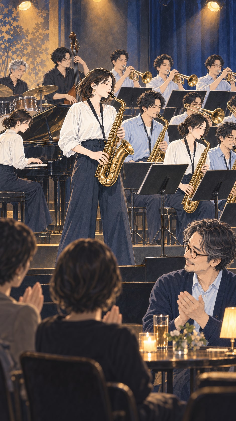 夜のステージで、バンドを背にサックス奏者が演奏し、客席から拍手が送られている様子
